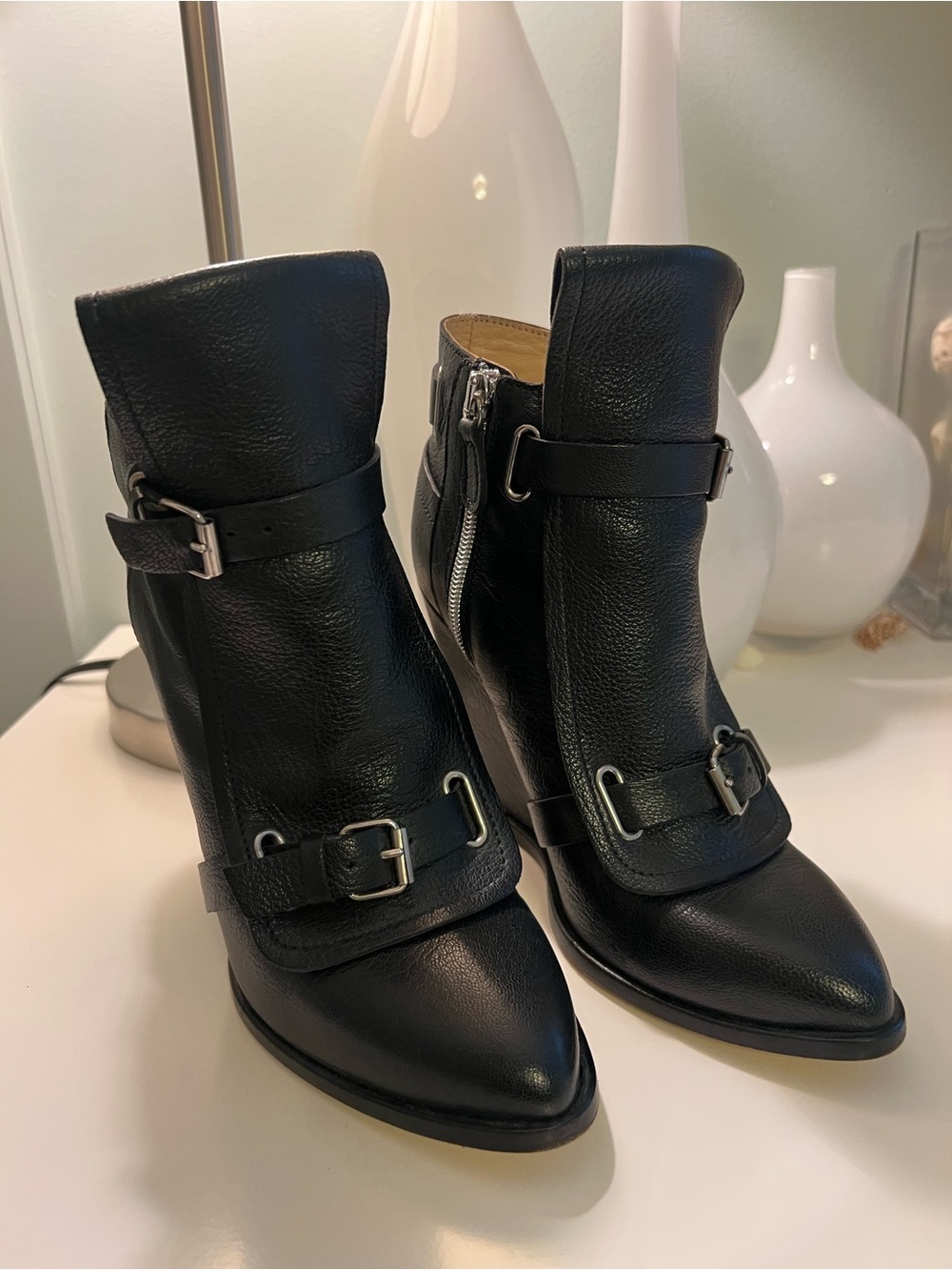 Diesel Black Gold Black Pointed Leather Buckle Ankle Boots